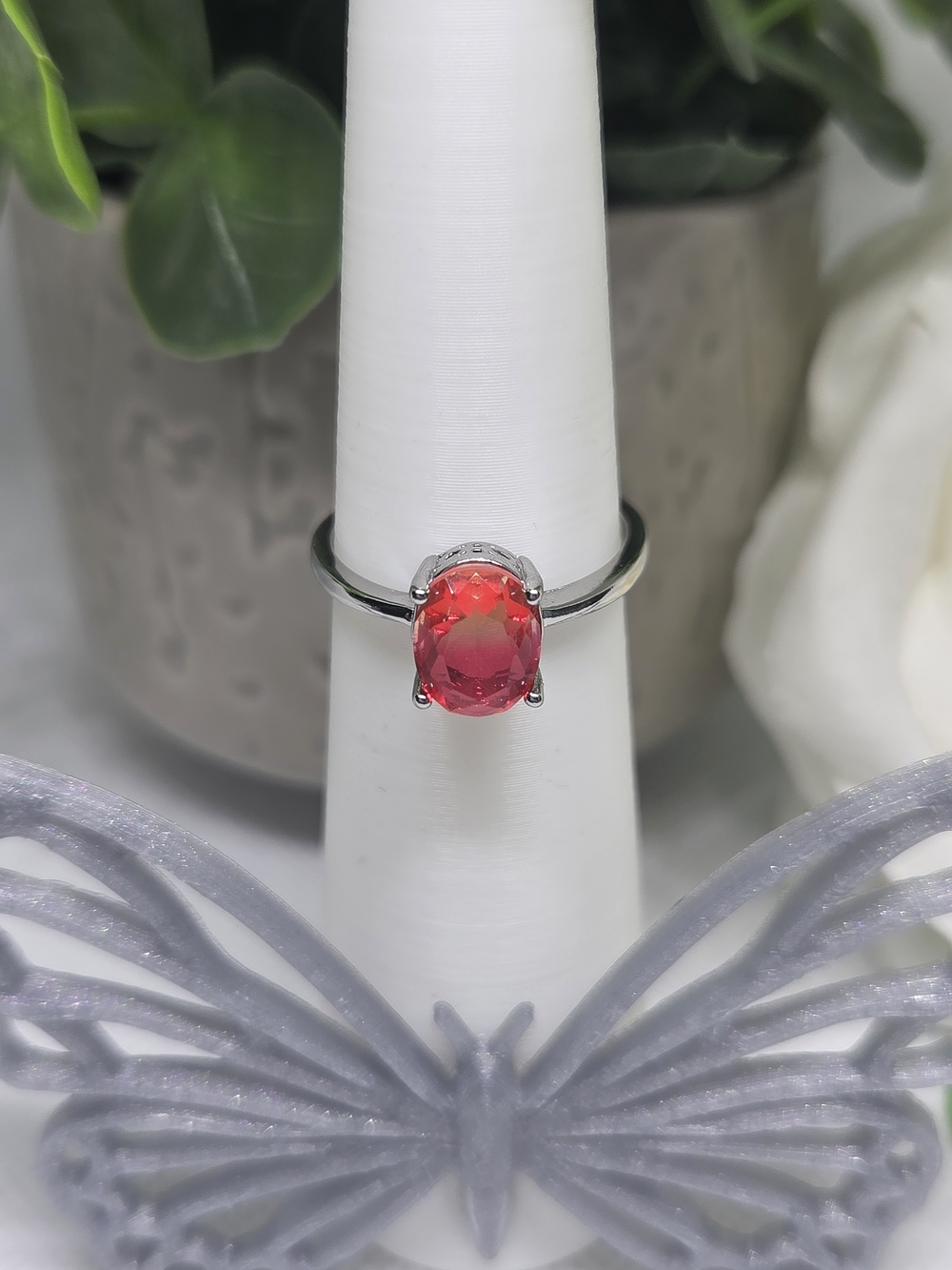 Silver Ring with Watermelon Tourmaline Oval Gemstone